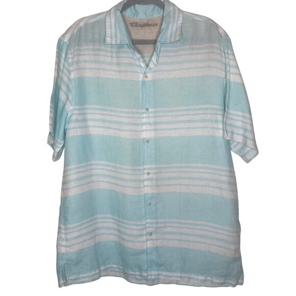 Caribbean 100% Linen Button Up Shirt Mens L Blue Striped Short Sleeve Coastal Re - Picture 3 of 9